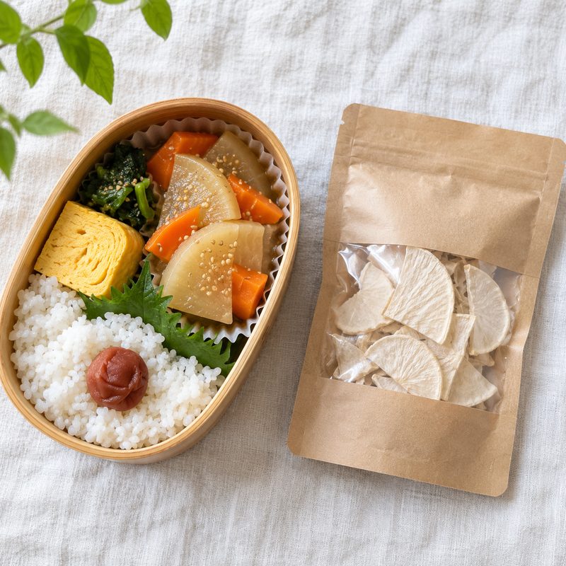 半月切りの大根の煮物を入れたお弁当と乾燥大根の袋