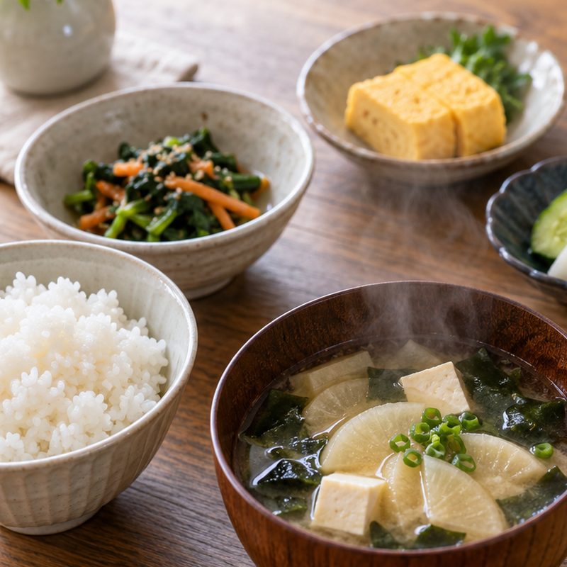半月切りの大根が入ったお味噌汁の食卓